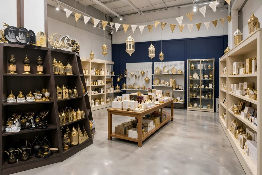 Hala Deco showroom in Yiwu: display racks of Ramadan and Eid decorations