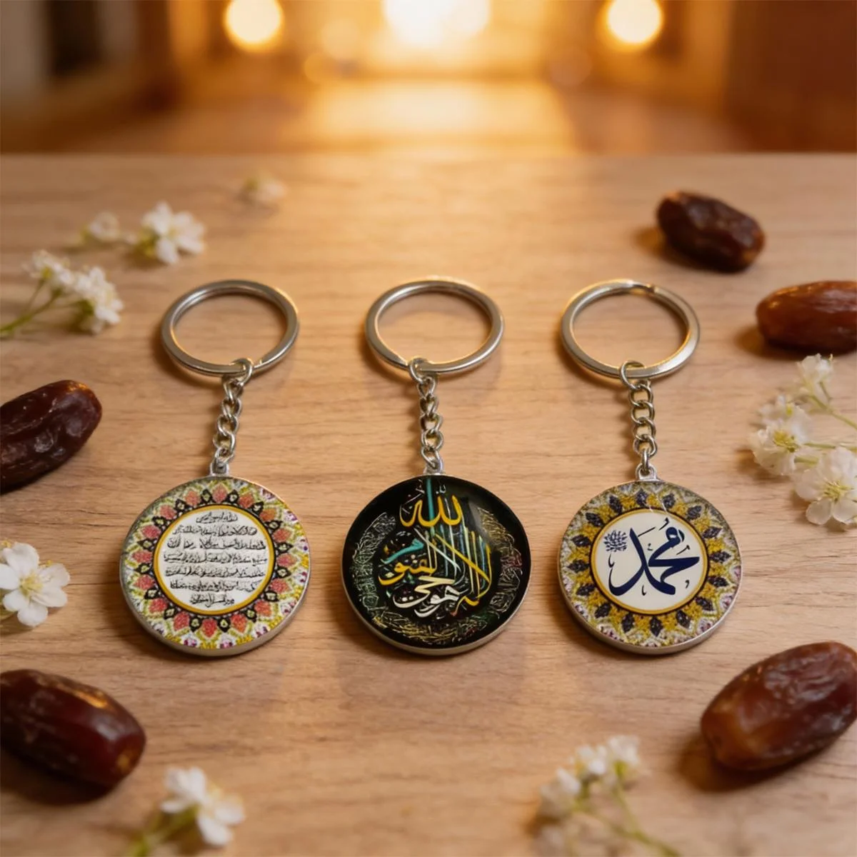 Islamic Keychain green glass pendant — detail