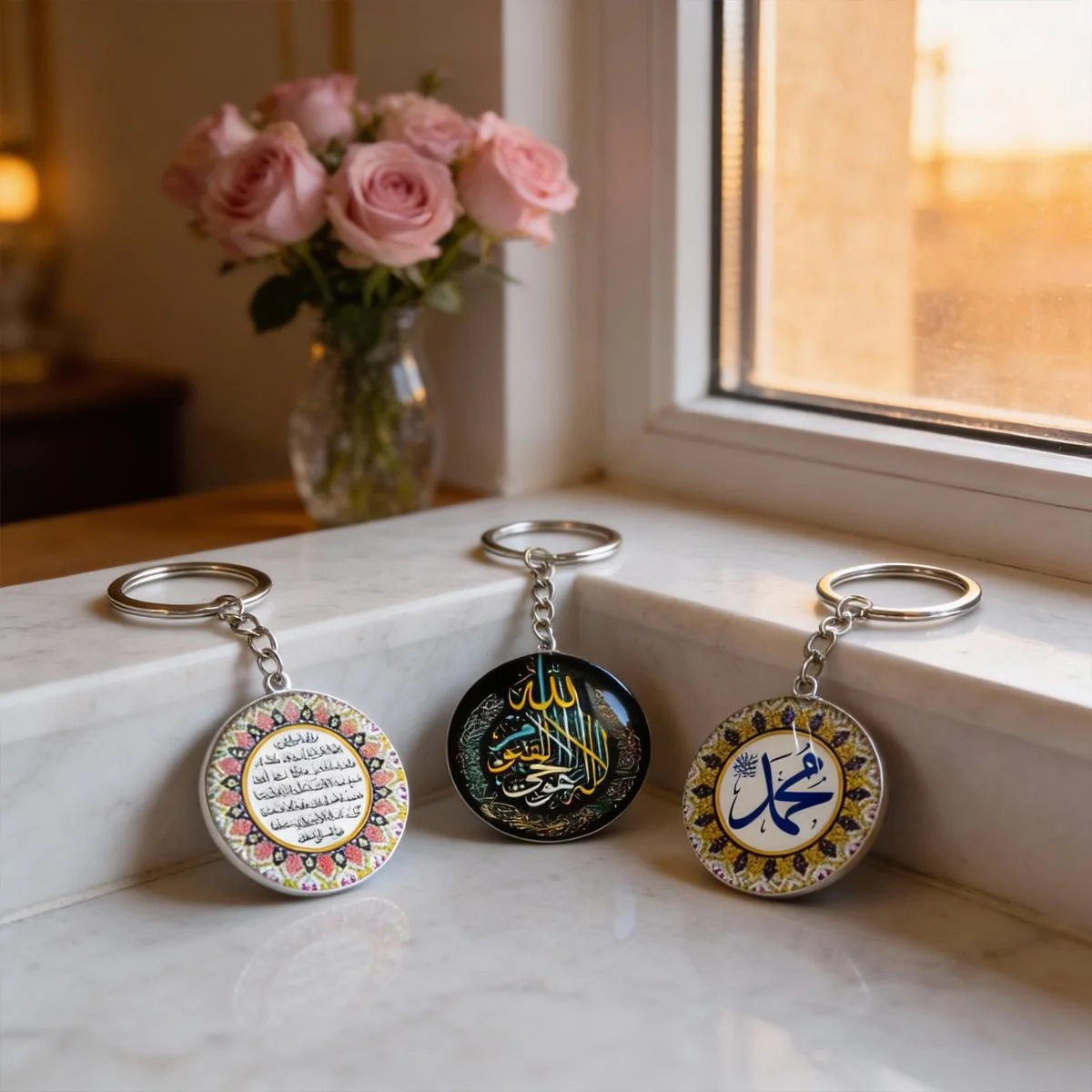 Islamic Keychain green glass pendant — angle view