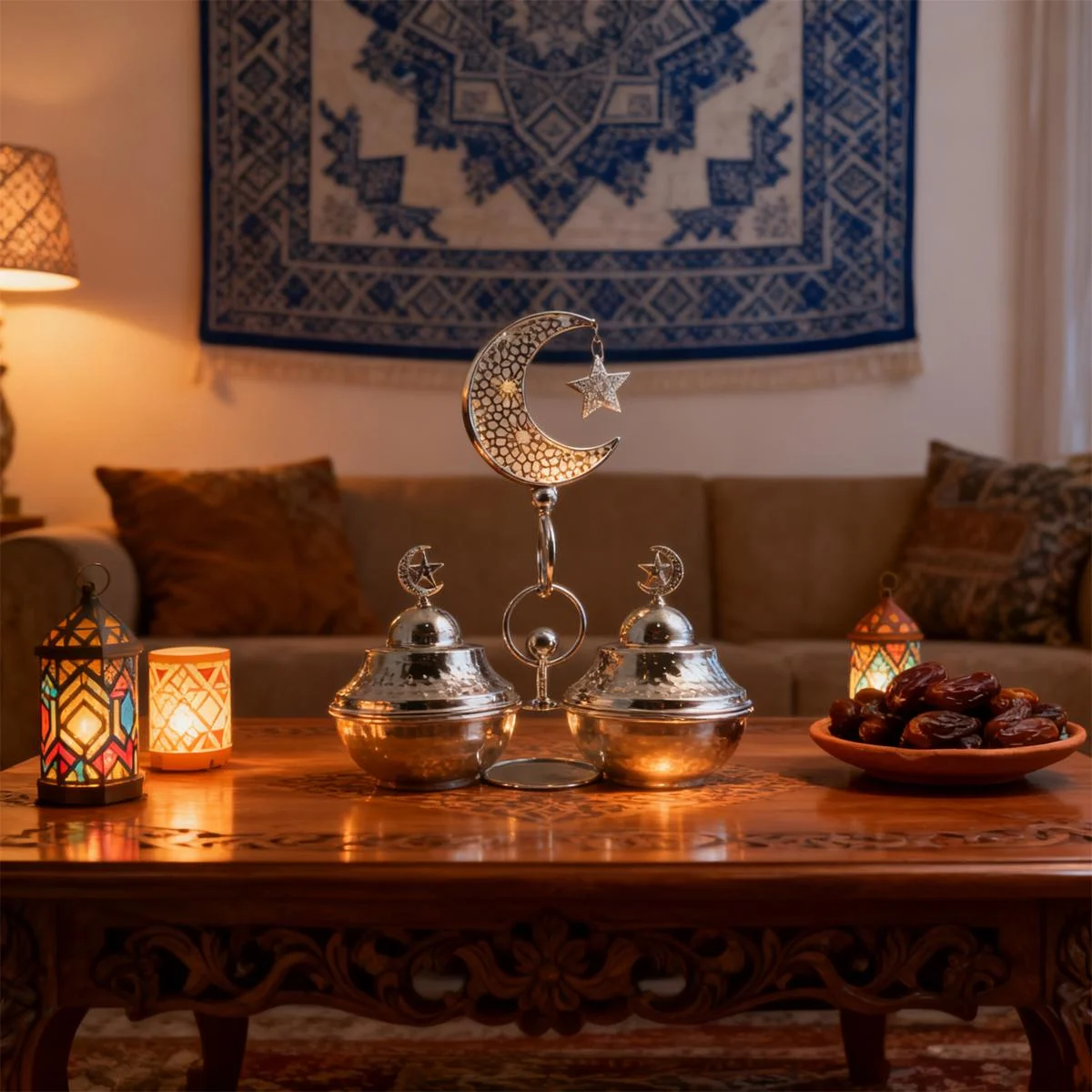 Silver Moon & Star LED Light Double Candy Jar — angle view
