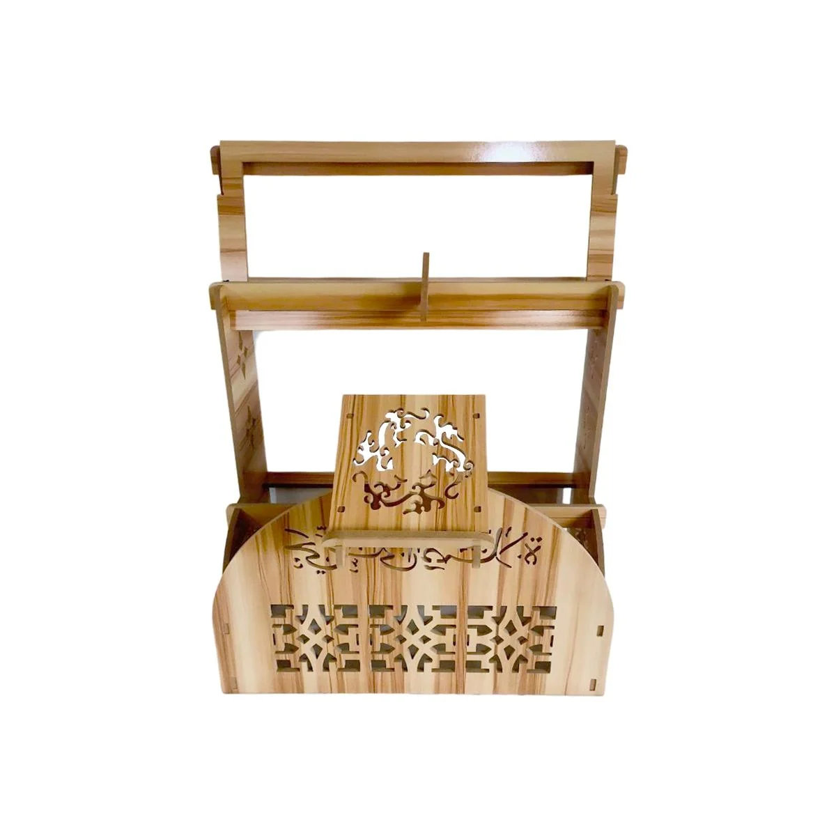 Wooden Quran Stand with Prayer Mat Holder — front view