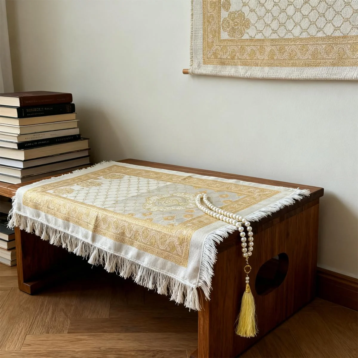 Prayer Mat with Tasbih Prayer Beads — angle view
