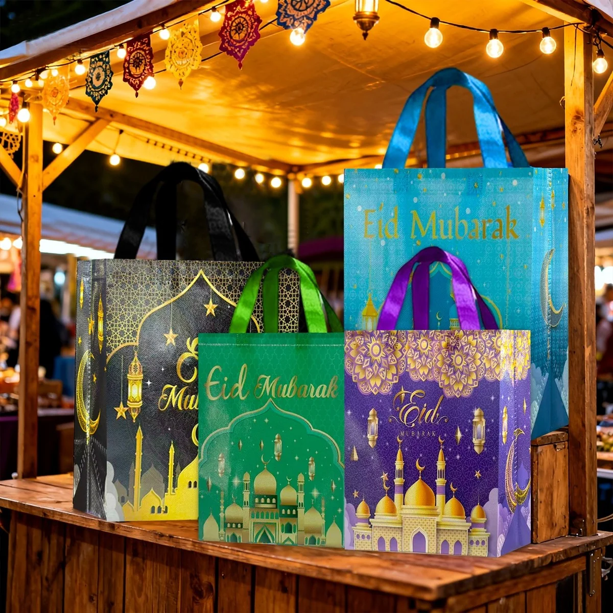 Ramadan gift bag - 4 pieces Black large + Blue large + Green small + Purple small — size reference
