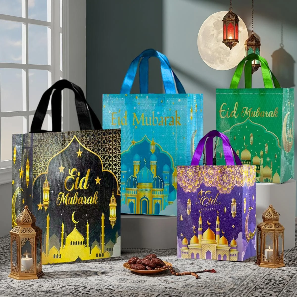 Ramadan Gift Bags - 4pcs 5015 Series, 1 of each of the four colors: Black (large), Blue (large), Green (small), Purple (small) — detail